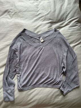 Free People Gray Waffle Knit V-Neck Pullover